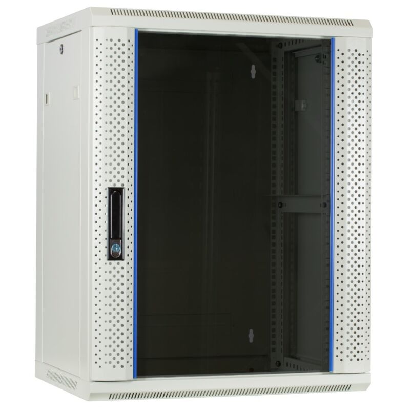 Armadio a muro bianco da 15U con anta in vetro, dimensioni 600x450x770 mm (LxPxA).