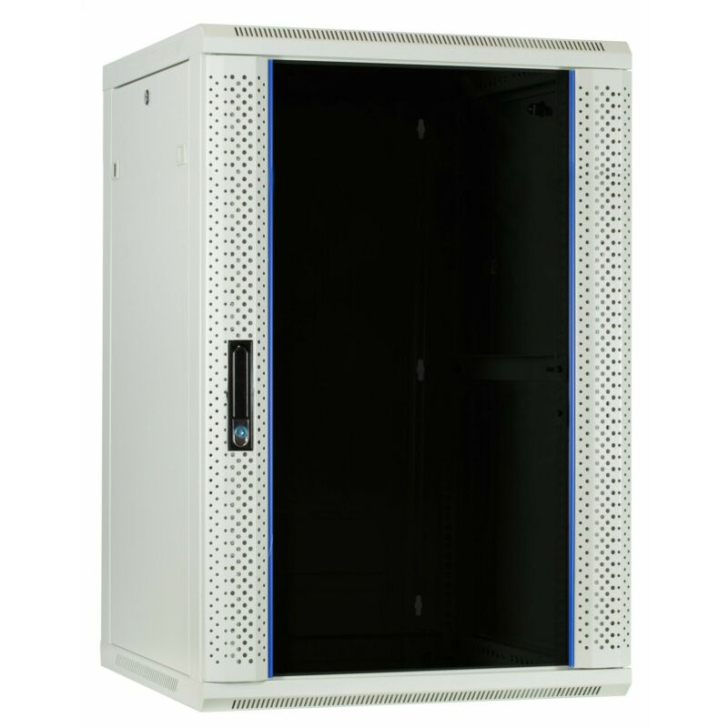 Armadio a muro bianco da 18U con anta in vetro, dimensioni 600x600x900 mm (LxPxA).