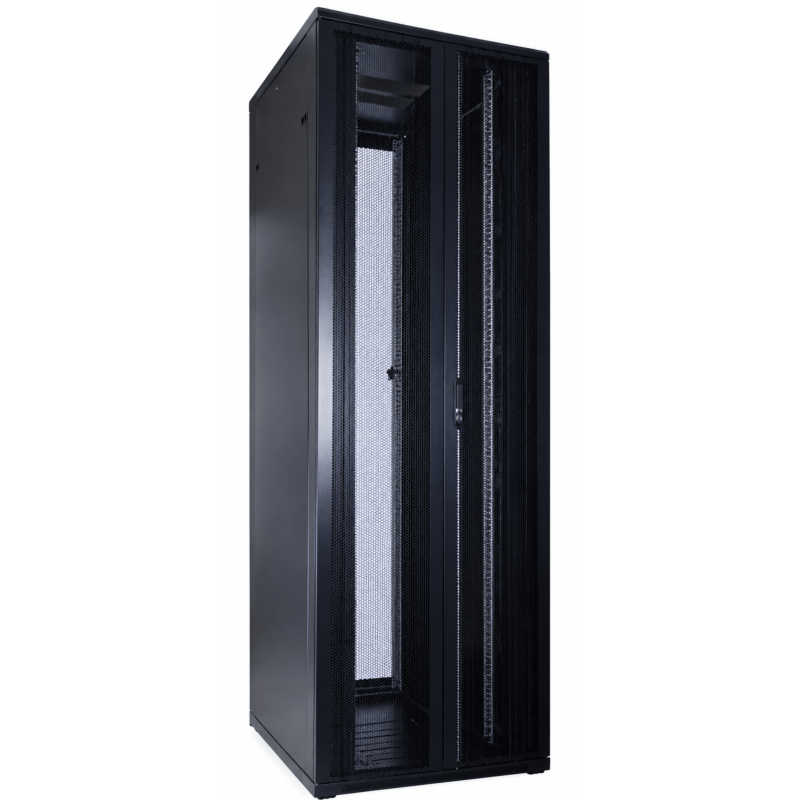 Armadio server 47U con doppie porte anteriori e posteriori perforate, dimensioni 600x800x2200 mm (LxPxA).