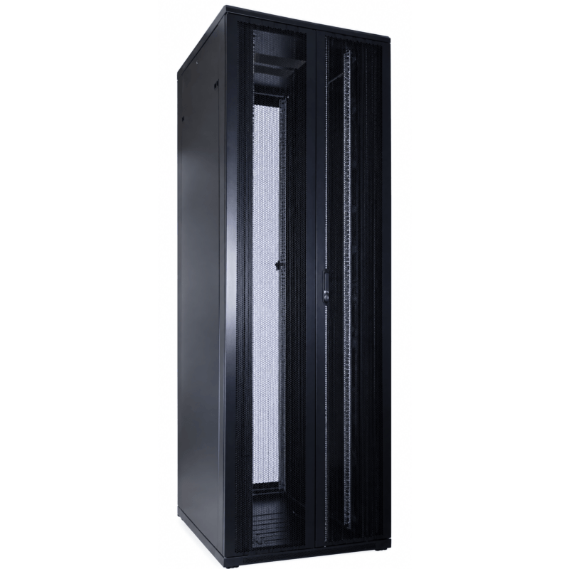 Armadio server 47U con doppie porte anteriori e posteriori perforate, dimensioni 800x1200x2200 mm (LxPxA).