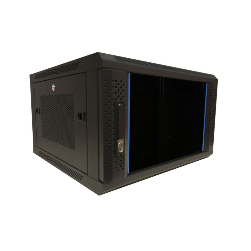 Armadio a muro 6U con anta in vetro e pannelli laterali perforati 600x600x368 mm (LxPxA)