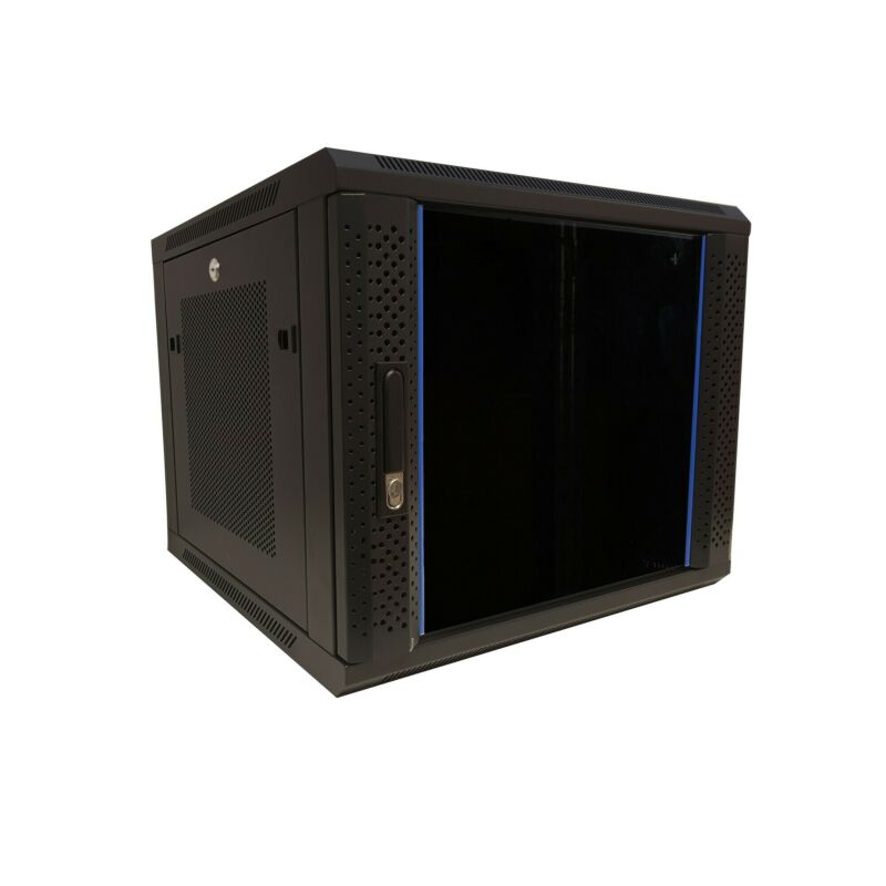 Armadio a muro 9U con anta in vetro e pannelli laterali perforati 600x600x500 mm (LxPxA)