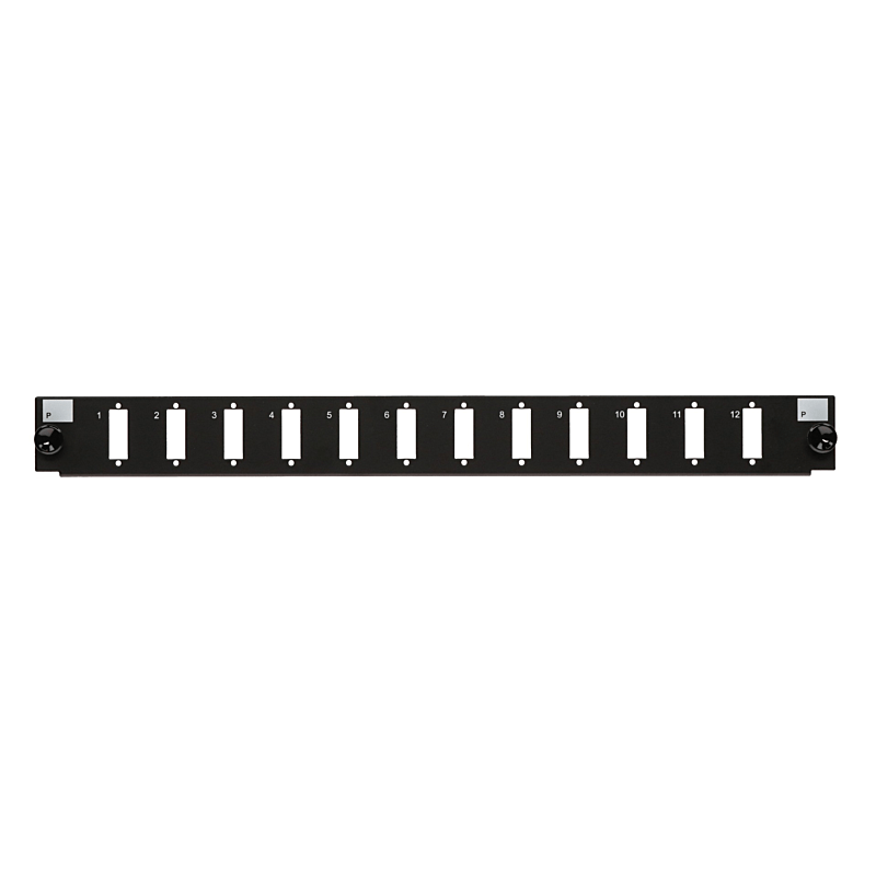 Connettore frontale LC/SC a 12 porte, nero, quad/duplex, adatto per vassoio universale in fibra.