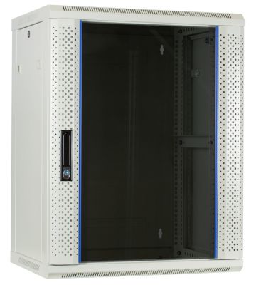 Armadio a muro bianco da 15U con anta in vetro, dimensioni 600x450x770 mm (LxPxA).