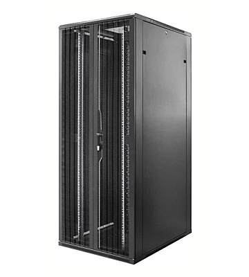 Armadio server 47U con doppie porte anteriori e posteriori perforate, dimensioni 800x800x2200 mm (LxPxA).