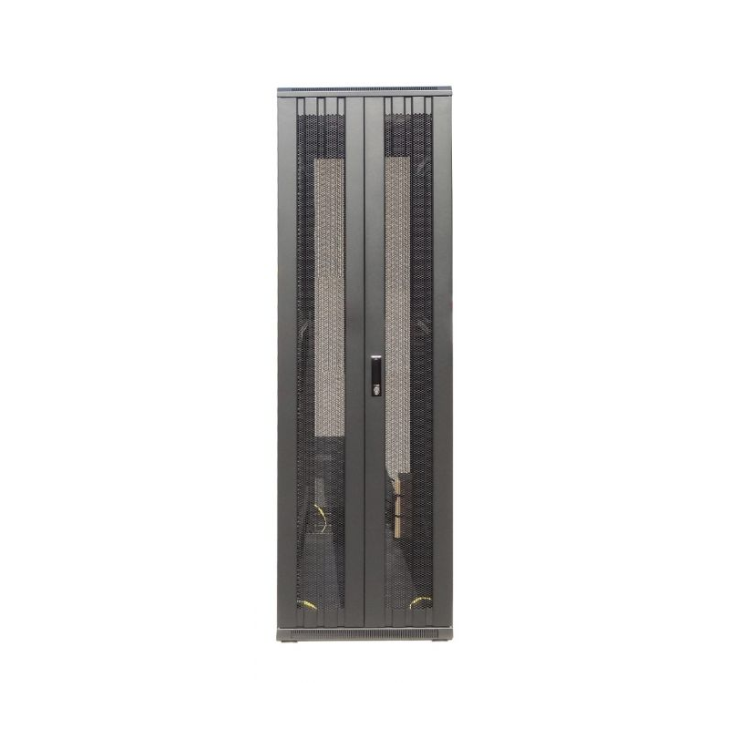 Armadio server 47U con doppie porte anteriori e posteriori perforate, dimensioni 600x800x2200 mm (LxPxA).