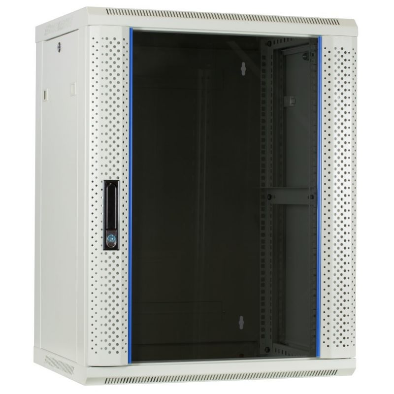 Armadio a muro bianco da 15U con anta in vetro, dimensioni 600x450x770 mm (LxPxA).