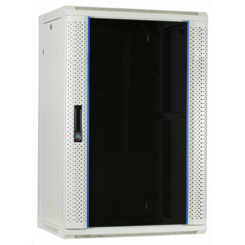 Armadio a muro bianco da 18U con anta in vetro, dimensioni 600x450x900 mm (LxPxA).