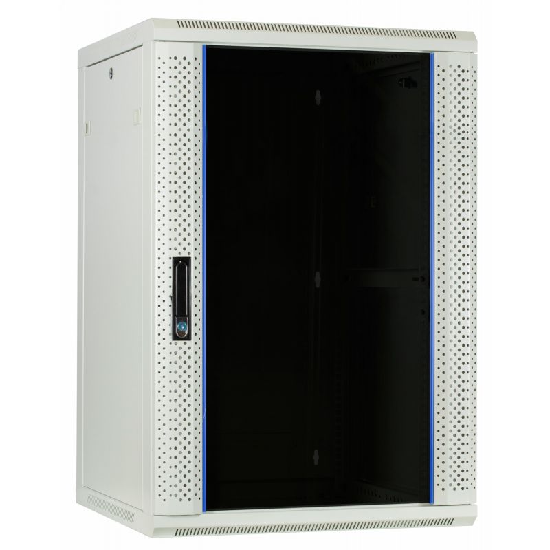 Armadio a muro bianco da 18U con anta in vetro, dimensioni 600x600x900 mm (LxPxA).
