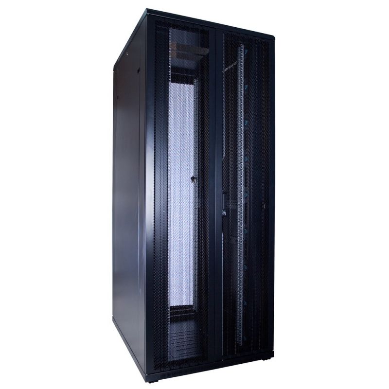 Armadio server 42U con doppie porte anteriori e posteriori perforate, dimensioni 800x1000x2000 mm (LxPxA).