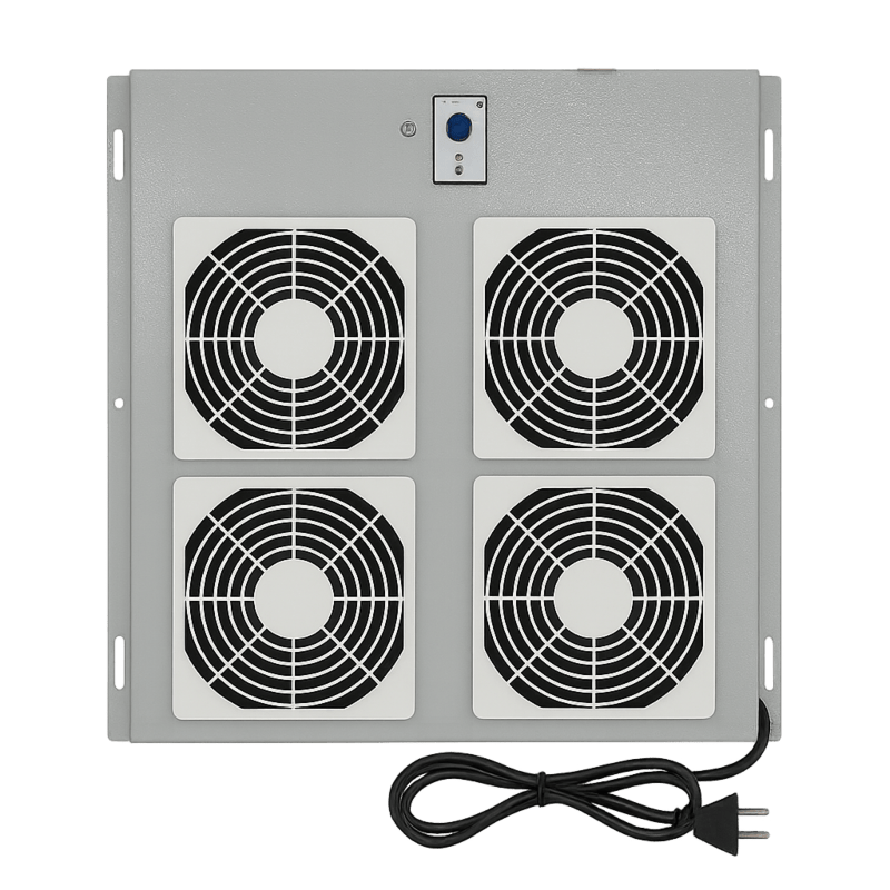 Pacchetto ventole con 4 ventole e termostato, adatto per armadi server esterni.