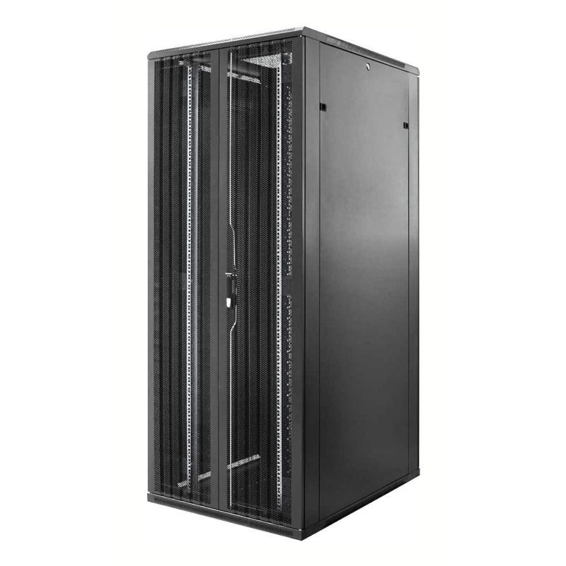 Armadio server 47U con doppie porte anteriori e posteriori perforate, dimensioni 800x800x2200 mm (LxPxA).